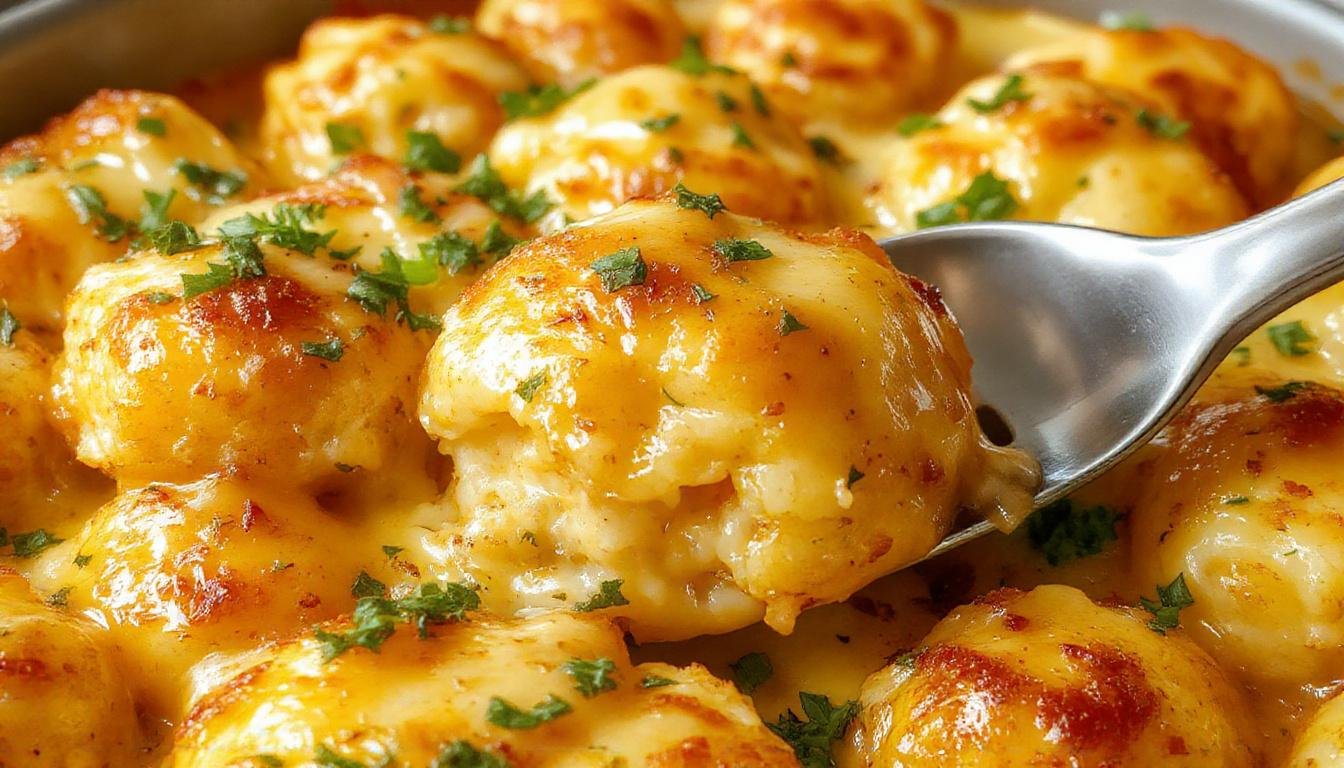 A golden-brown cheesy tater tot bake in a rectangular casserole dish, topped with a bubbly, melted cheese layer and garnished with chopped green onions, contrasting textures of crispy tots and gooey cheese visible.