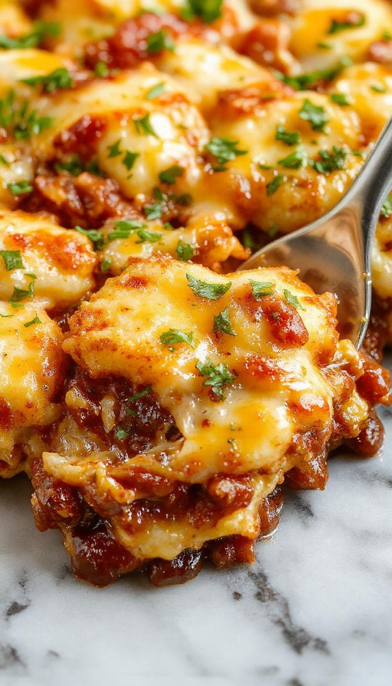 A delicious casserole dish featuring crispy tater tots topped with melted cheese and spicy chili, garnished with green onions on a baking dish.