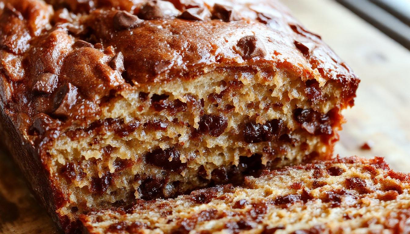 A slice of moist banana bread with melting chocolate chips visible on the top, served on a rustic wooden plate with a few whole bananas and chocolate chips scattered around. The bread has a golden-brown crust with a soft, fluffy interior filled with gooey chocolate chunks.