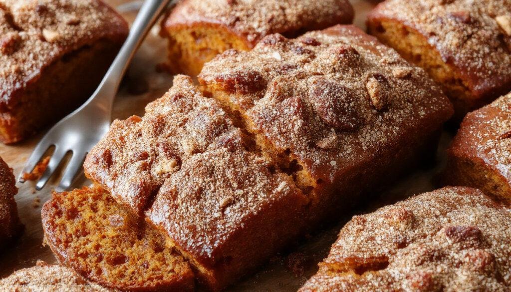A sliced Pumpkin Bread loaf topped with a cinnamon sugar sprinkle, revealing its moist orange interior speckled with pumpkin seeds, garnished with a dusting of cinnamon, placed on a rustic wooden board surrounded by fall decorations.