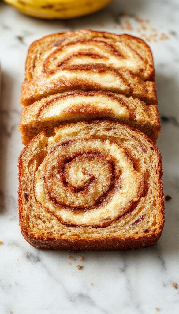 A slice of homemade cinnamon swirl banana bread on a rustic wooden plate, showing the swirls of cinnamon throughout the moist loaf.