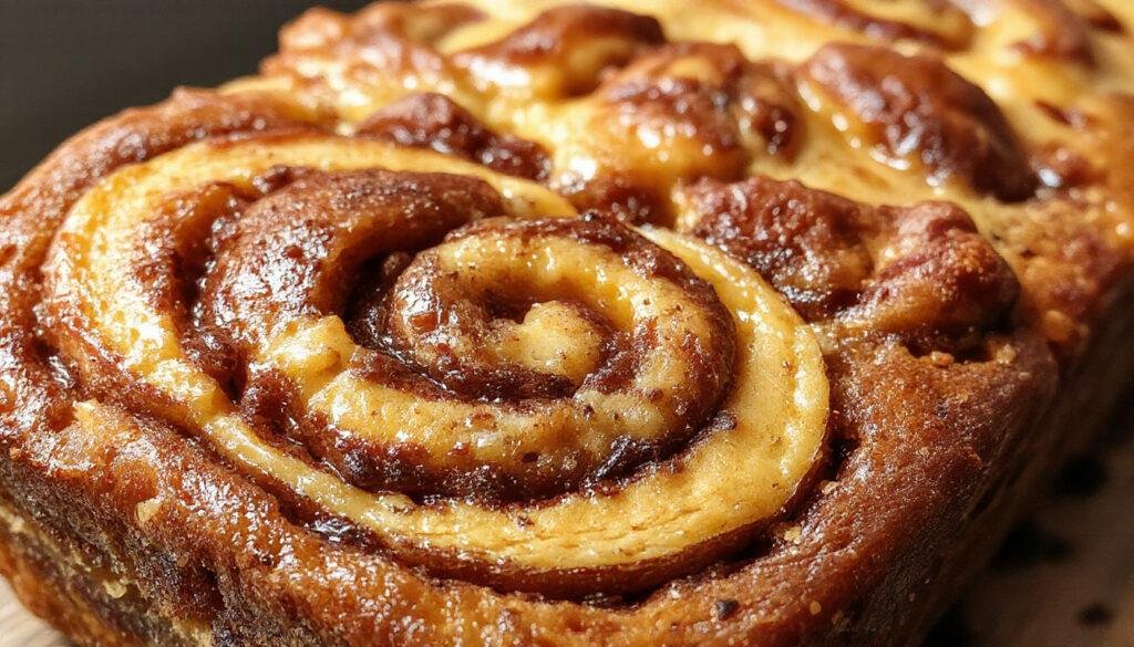 A close-up of sliced cinnamon swirl pumpkin bread showcasing its golden-brown crust and vibrant orange pumpkin cake with a dark cinnamon swirl running through the center. The slices are artfully arranged on a rustic wooden tray, highlighting the moist texture and enticing spiral pattern. Light dusting of powdered sugar adds a finishing touch