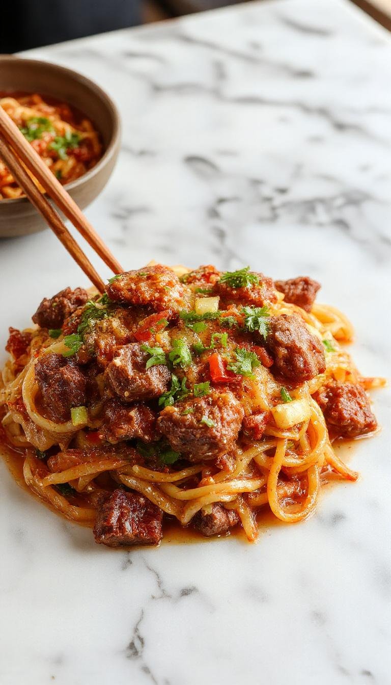 A steaming plate of Easy Classic Beef Chow Mein featuring tender beef slices, stir-fried noodles, colorful vegetables, and a glossy savory sauce.