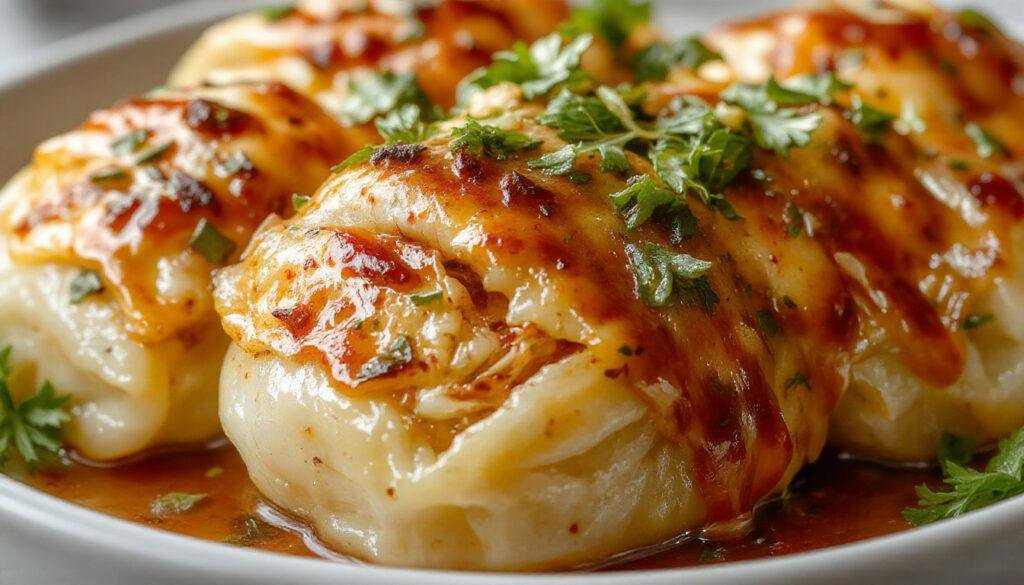 A close-up of golden-brown cabbage rolls arranged neatly on a rustic white plate, with visible layers of tender cabbage wrapping seasoned meat filling, garnished with fresh herbs, and served with a rich tomato sauce.