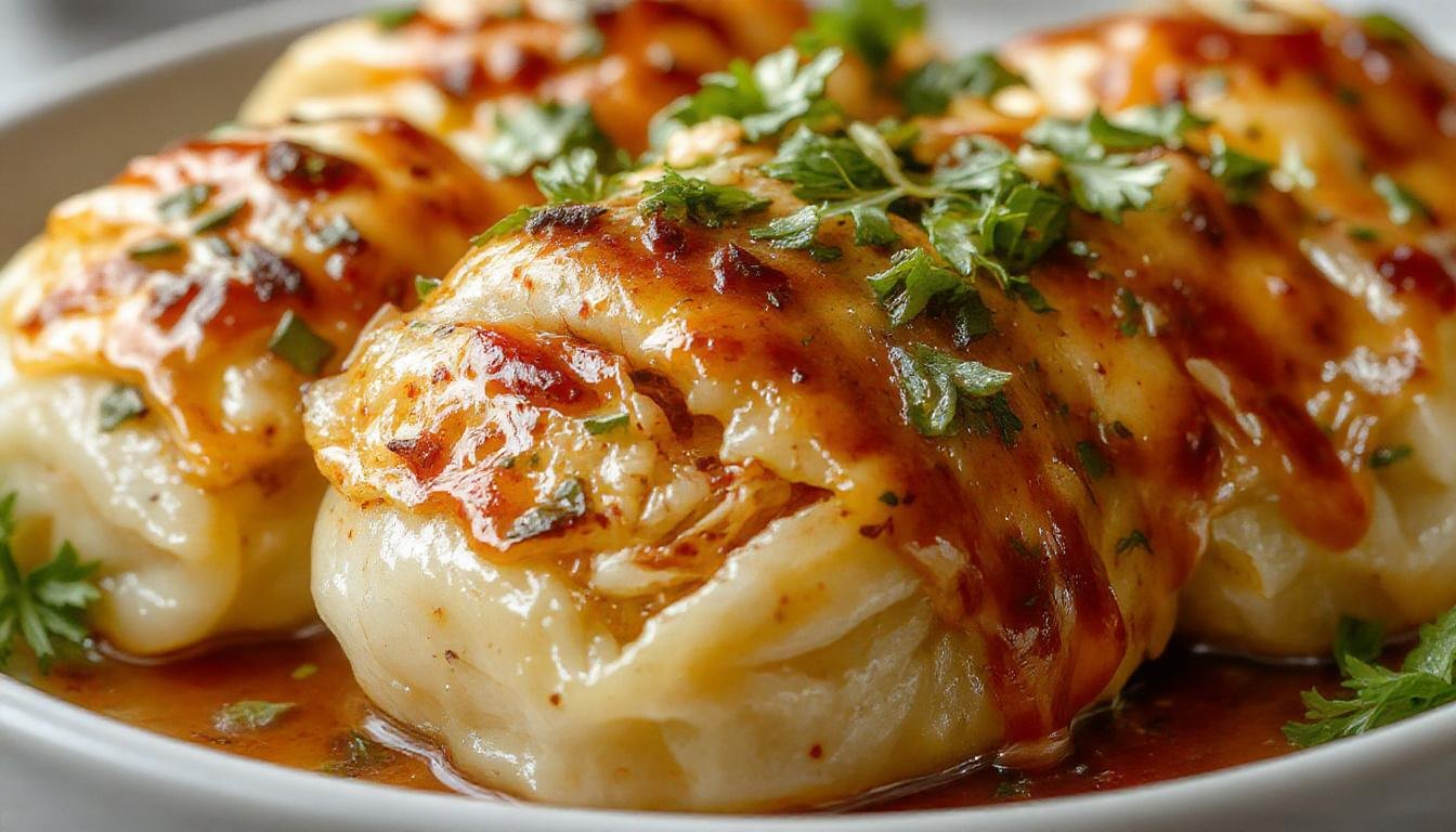 A close-up of golden-brown cabbage rolls arranged neatly on a rustic white plate, with visible layers of tender cabbage wrapping seasoned meat filling, garnished with fresh herbs, and served with a rich tomato sauce.