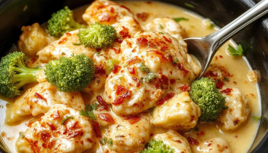 A serving of creamy broccoli cheddar chicken in a white bowl, topped with melted cheddar cheese and vibrant green broccoli florets. The dish has a rich, cheesy sauce with tender pieces of chicken, garnished with fresh herbs, arranged on a rustic wooden table with a spoon partly submerged in the sauce.
