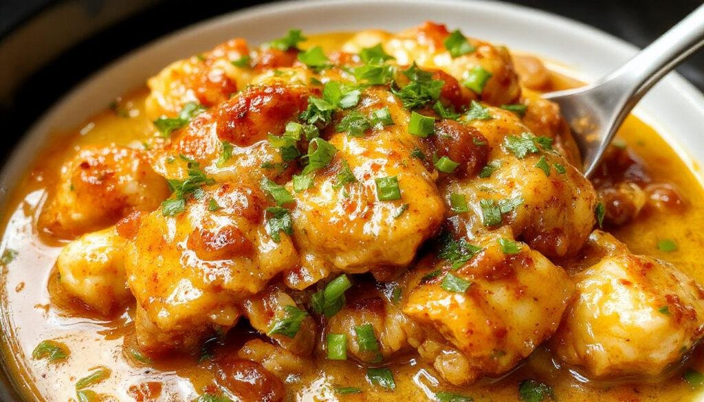 A creamy, golden-brown butter chicken served in a rustic white bowl, garnished with fresh cilantro. The dish is placed on a wooden table with a spoon resting nearby, showcasing tender chunks of chicken in a rich sauce with hints of spice, steam gently rising to emphasize warmth and comfort.