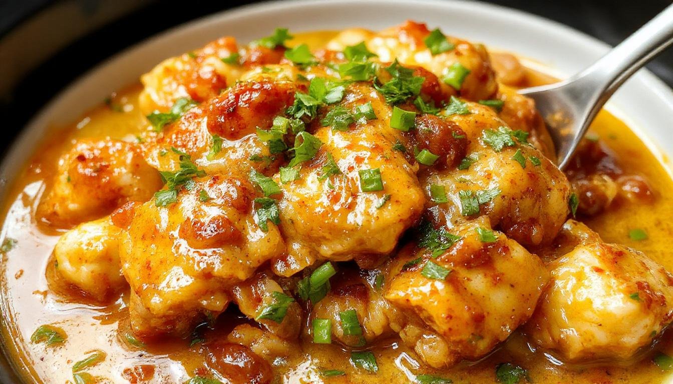 A creamy, golden-brown butter chicken served in a rustic white bowl, garnished with fresh cilantro. The dish is placed on a wooden table with a spoon resting nearby, showcasing tender chunks of chicken in a rich sauce with hints of spice, steam gently rising to emphasize warmth and comfort.
