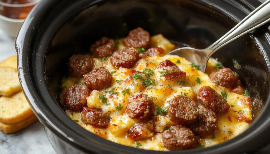 A hearty breakfast casserole in a rustic ceramic dish, featuring golden-brown sausage pieces, fluffy scrambled eggs, melted cheese on top, garnished with chopped herbs, all arranged invitingly on a wooden table.