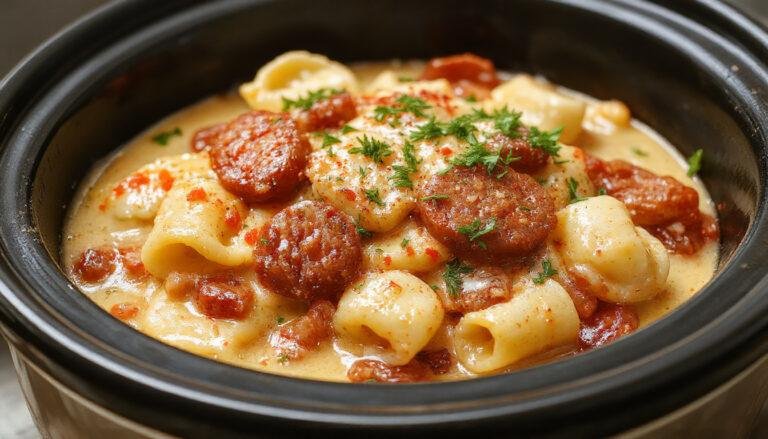 A close-up of a steaming bowl of cheesy tortellini with slices of browned sausage, garnished with fresh basil, presented on a rustic wooden table.