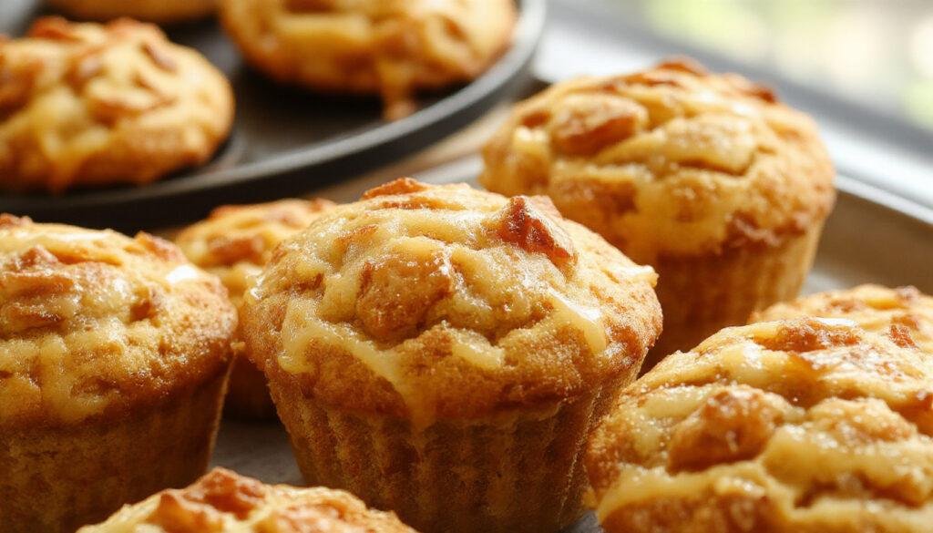 A close-up of freshly baked applesauce muffins arranged on a rustic wooden platter. The muffins have a golden-brown crust with a slightly domed top, embedded with small apple pieces. Some muffins are topped with a light sprinkle of cinnamon sugar, and a few are sliced open revealing a moist, tender crumb with bits of apple inside. The background features a cozy kitchen setting with soft natural lighting highlighting the muffins' inviting texture.