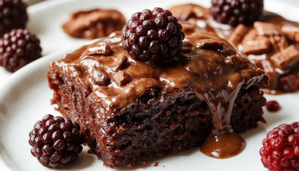 A slice of rich, dark chocolate cake topped with glossy blackberries and a drizzle of chocolate sauce, presented on a rustic white plate with a few fresh berries and a sprig of mint nearby. The cake's moist texture is visibly layered, with a smooth chocolate ganache topping contrasting the vibrant blackberries.