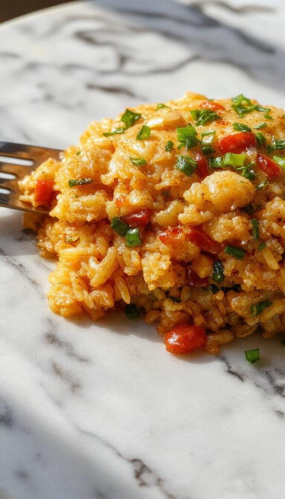 A vibrant plate of fried rice garnished with chopped green onions and colorful vegetables, served on a white dinner plate.
