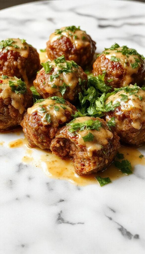 A plate of freshly baked porcupine meatballs served with tomato sauce and garnished with herbs on a rustic table.