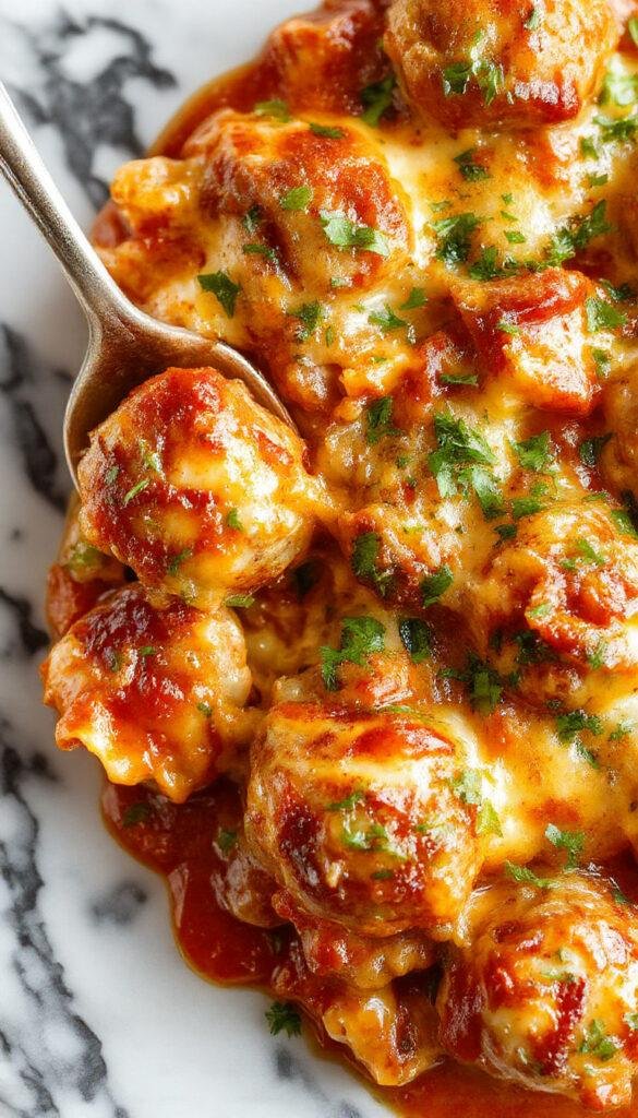 A delicious casserole dish featuring meatballs nestled in tomato sauce, topped with melted cheese and fresh herbs, served straight from the oven.