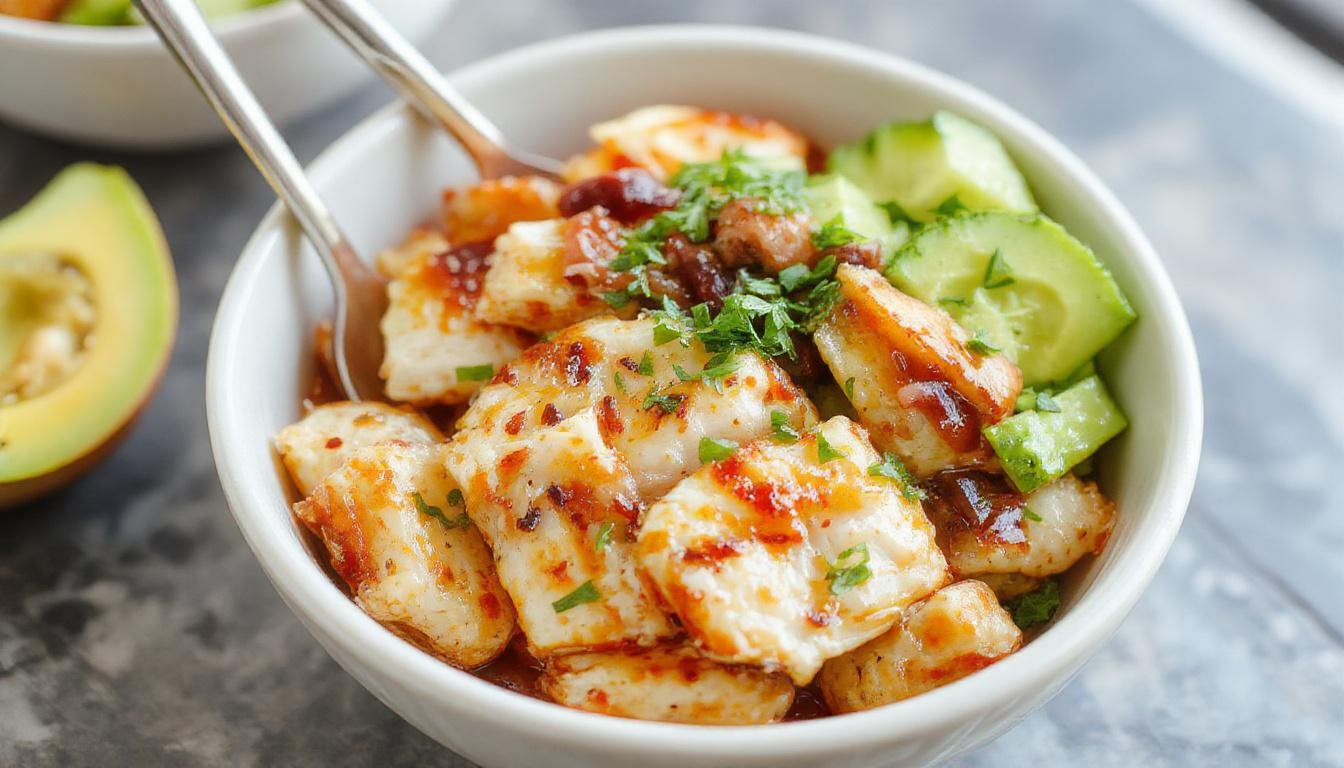 A vibrant meal prep bowl featuring slices of glazed teriyaki chicken with a glossy, caramelized surface, arranged atop a bed of steamed white rice, garnished with chopped green onions and sesame seeds, with colorful steamed broccoli and carrots on the side, all presented in a clean, modern bowl with a natural wooden background.