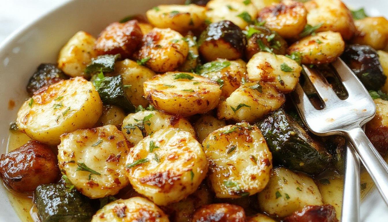 A plate filled with colorful roasted vegetables including golden-brown zucchini slices, vibrant orange carrot chunks, and crispy roasted potatoes, garnished with fresh green herbs, presented on a rustic wooden table with a drizzle of olive oil and seasoning visible.