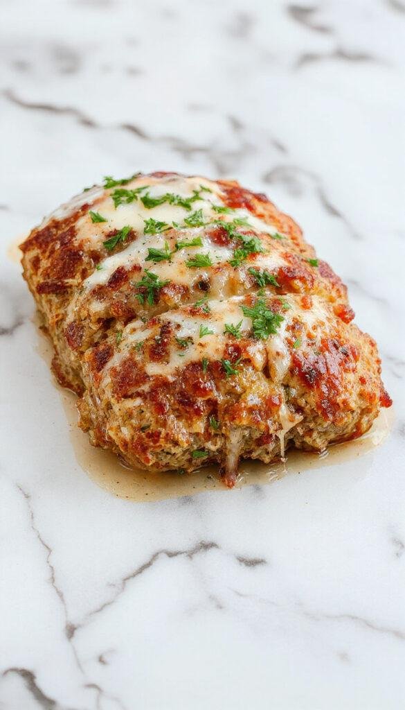A delicious sliced garlic Parmesan chicken meatloaf garnished with herbs on a rustic platter.