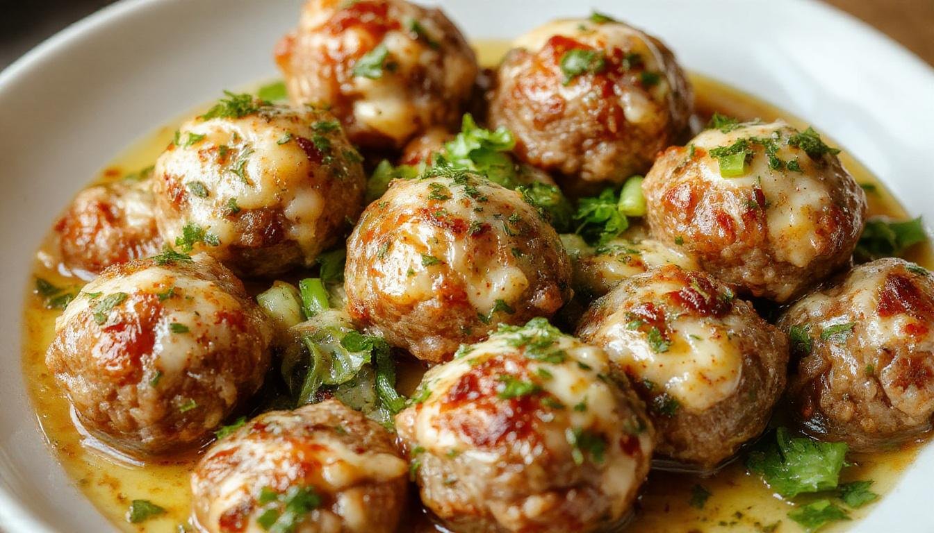 A close-up of golden-brown garlic parmesan meatballs arranged on a rustic white plate, topped with freshly grated parmesan and chopped parsley, with a side of marinara sauce. The meatballs have a slightly crispy exterior with visible bits of garlic and parmesan, and the vibrant green parsley adds freshness to the presentation.