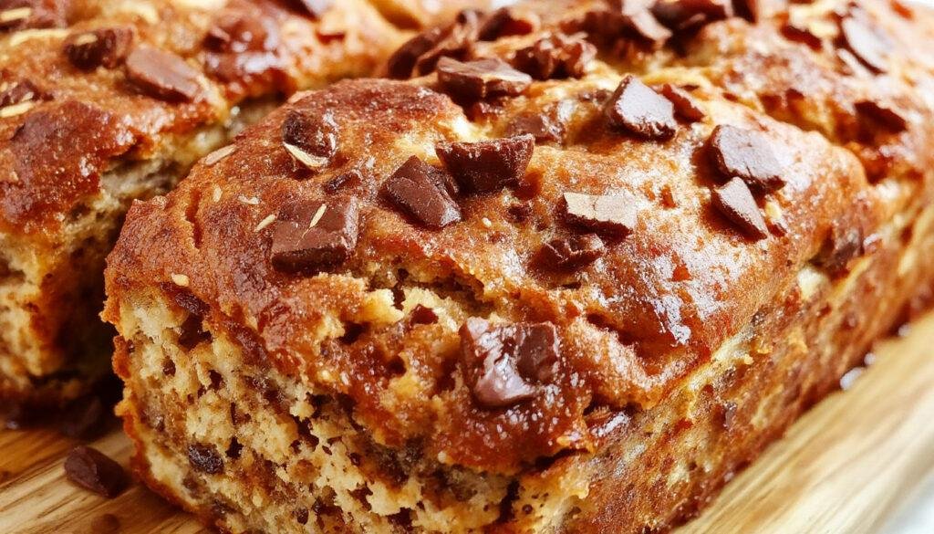 A sliced loaf of golden gluten-free banana bread on a rustic wooden cutting board, with visible banana chunks and a crispy crust, garnished with a sprig of mint and a dusting of powdered sugar, surrounded by fresh bananas and baking ingredients.