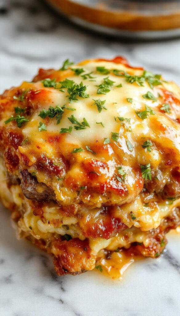 A delicious casserole dish with crispy hashbrowns, seasoned ground beef, melted cheese, and fresh herbs, ready to serve as comfort food
