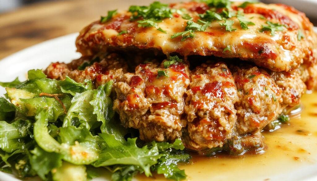 A plated slice of turkey meatloaf on a white ceramic dish, topped with a glossy tomato glaze. The meatloaf has a moist, tender texture with a golden-brown crust. Fresh herbs garnish the plate, and a side of colorful roasted vegetables is visible nearby. The background is a rustic wooden table, creating a warm and inviting presentation.