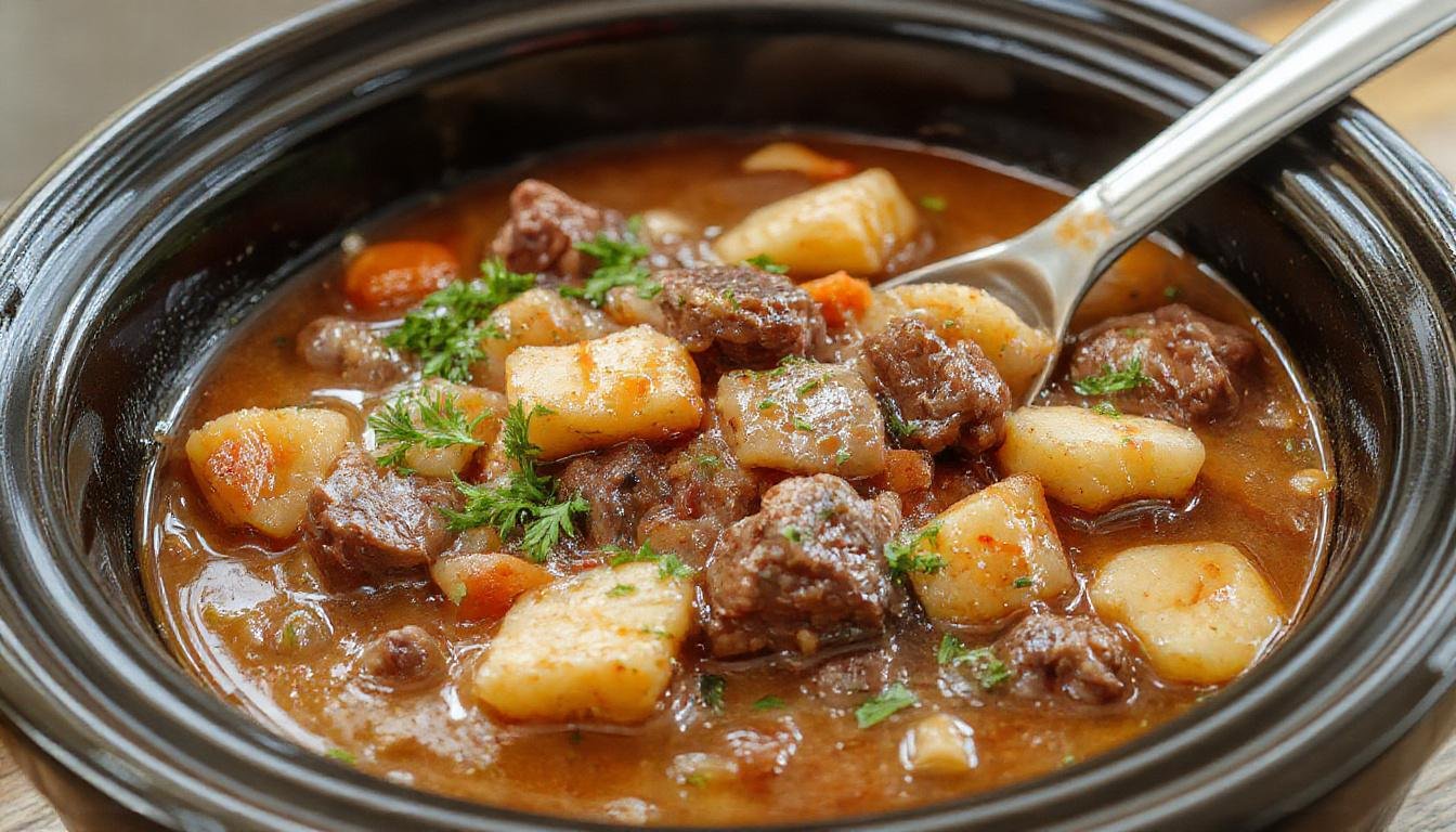 A rustic bowl of hearty beef stew filled with tender beef chunks, carrots, potatoes, and onions in a rich brown broth, garnished with fresh herbs on a wooden table.