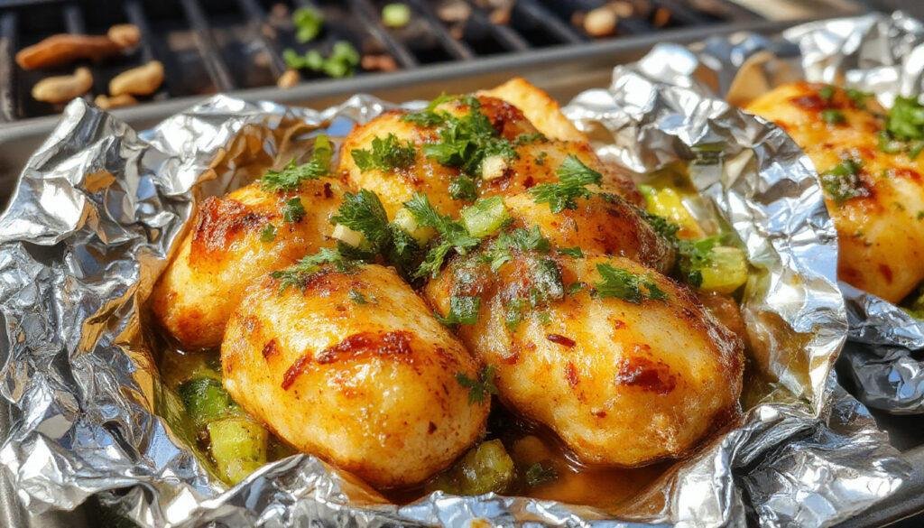 Colorful hobo foil packets neatly arranged on a grill, showcasing a variety of ingredients like vegetables, meats, and herbs, with steam gently rising and the foil slightly charred around the edges.