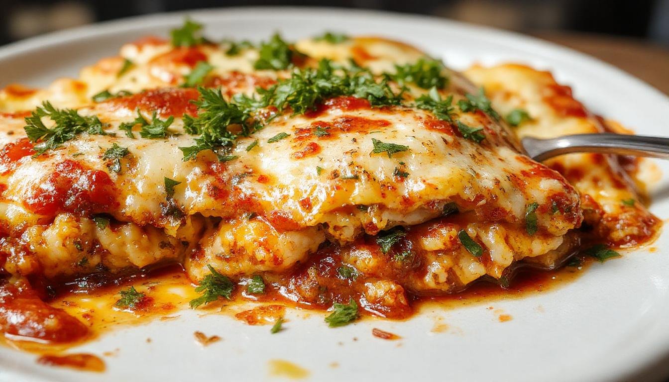 A decadent piece of sliced lasagna on a white plate, showcasing layers of pasta, rich meat sauce, creamy béchamel, and melted cheese, garnished with fresh herbs. The cheese is golden and bubbly, with a slight crisp on top, highlighting the hearty, comforting dish.