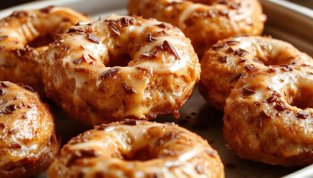 A close-up of golden-brown pumpkin bagels with a slightly glossy crust, topped with a sprinkle of oats and seeds. The bagels are stacked on a rustic wooden surface, showcasing their chewy texture and excess bits of pumpkin flesh in the dough.