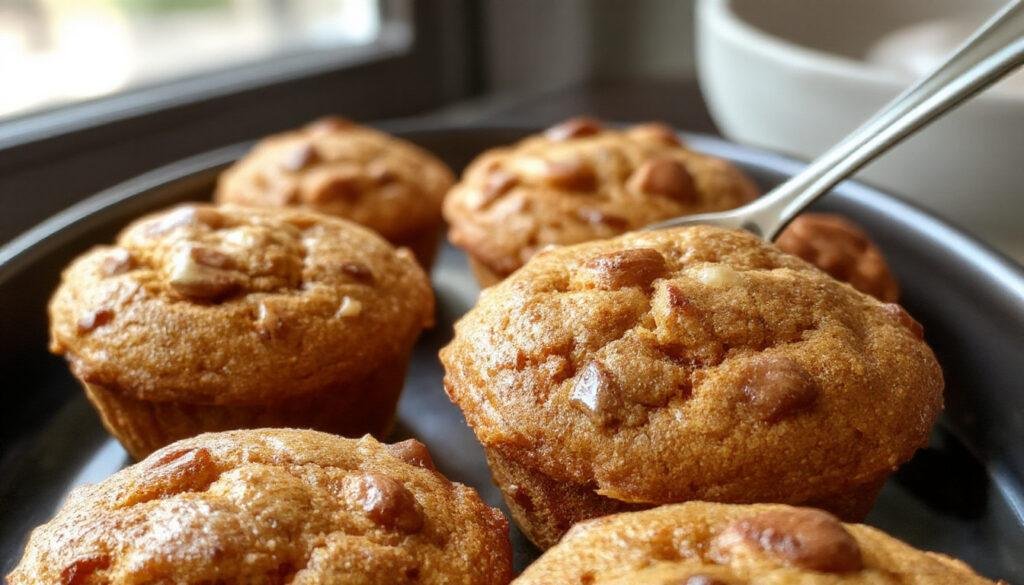 A close-up of golden-brown bakery-style pumpkin muffins topped with a light sprinkle of cinnamon, arranged in a rustic basket with a background of fall-inspired decor. The muffins have a soft, moist crumb with a slightly cracked top revealing their fluffy interior.