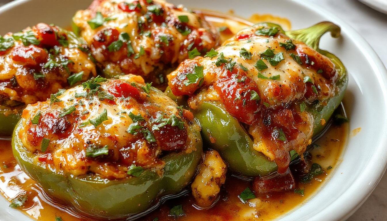 Colorful bell peppers sliced open and filled with a rich mixture of seasoned ground meat, rice, and melted cheese. The peppers are vibrant red, yellow, and green, arranged on a rustic plate with fresh herbs scattered around, and a side of tomato sauce visible in the background. The filling is textured and slightly browned on top, creating an inviting and hearty presentation.