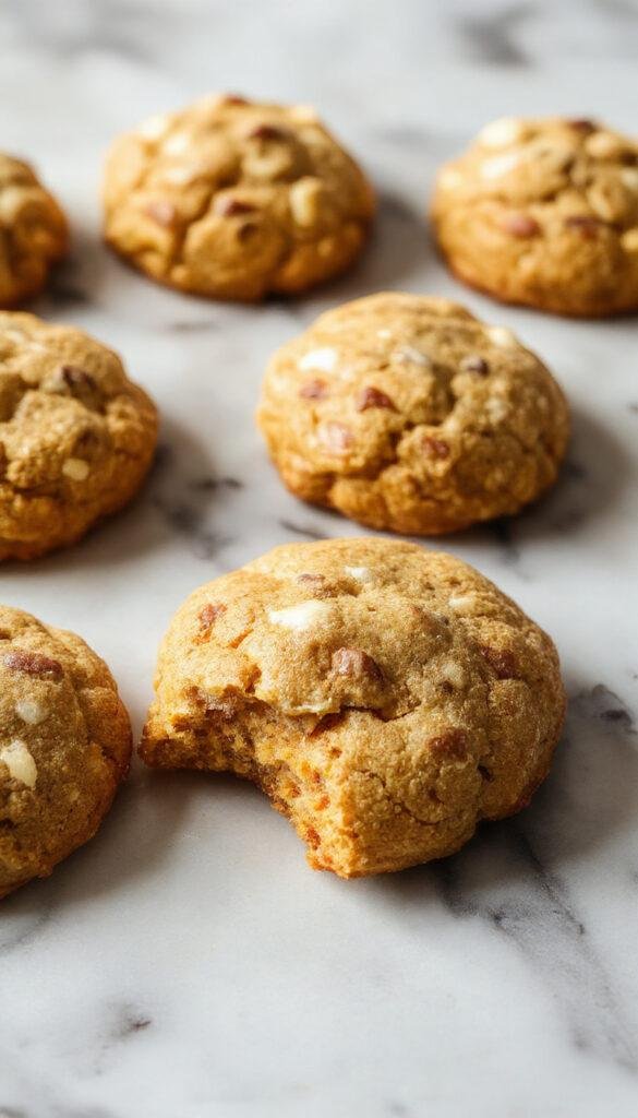 A plate of freshly baked Easy Maple Pumpkin Cookies with a golden-brown exterior, garnished with a drizzle of maple glaze and sprinkled with chopped pecans amidst fall-themed decorations.