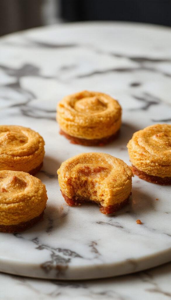 A plate of mini pumpkin cheesecakes topped with whipped cream and cinnamon, garnished with a cinnamon stick and a sprinkle of nutmeg, set on a rustic wooden table.