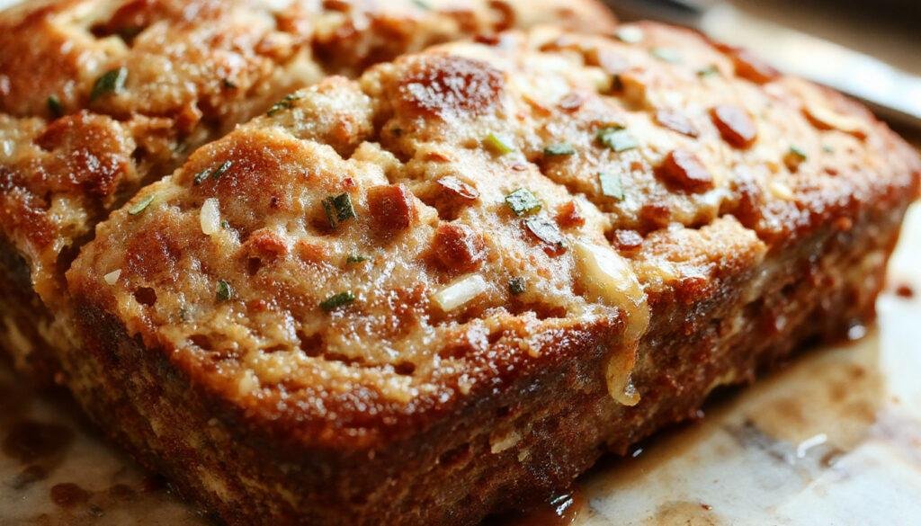 A slice of moist zucchini bread with a golden-brown crust and dotted with tiny green zucchini shreds, placed on a rustic wooden plate. The bread has a tender crumb with visible flecks of zucchini inside, with a slight sheen on the surface indicating moisture. In the background, a fresh zucchini and a mixing bowl suggest the homemade process, all styled in a bright, inviting setting.