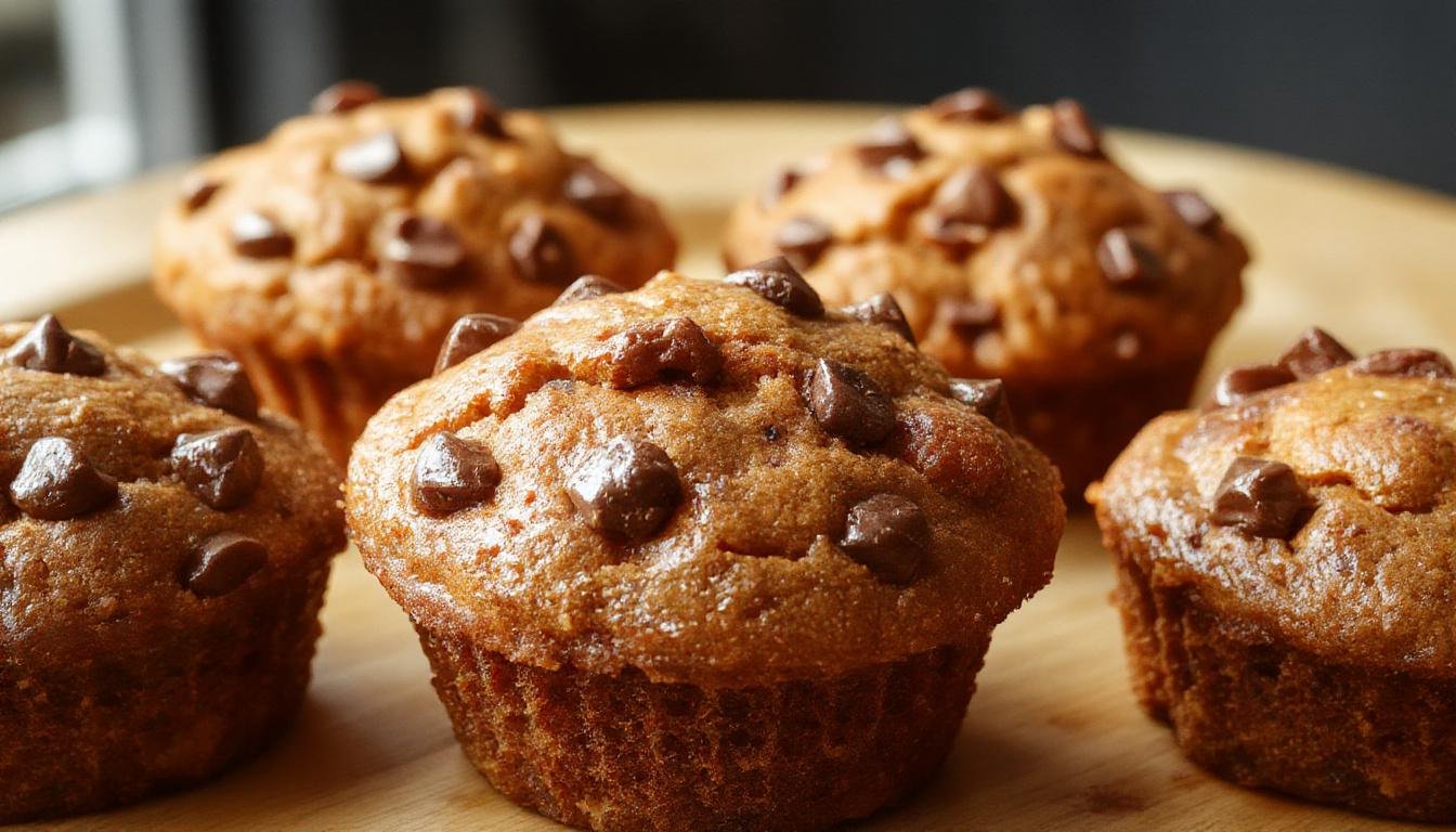 A close-up of golden brown chocolate chip pumpkin muffins arranged on a rustic wooden tray. The muffins have a moist, crumbly texture with visible chocolate chips on the surface. Some muffins are cut open, revealing the soft, fluffy interior dotted with chocolate chunks. The background features fall-themed elements like pumpkins and cinnamon sticks, enhancing the cozy, seasonal vibe.