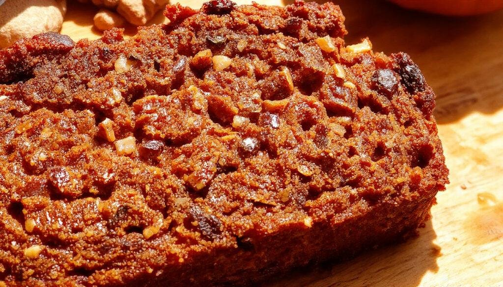 A loaf of protein pumpkin bread sliced to reveal its moist, dense interior with a golden-brown crust. It is garnished with a dusting of powdered sugar and fresh pumpkin seeds on top, placed on a rustic wooden surface with a background of autumn leaves and a slice of pumpkin beside it.