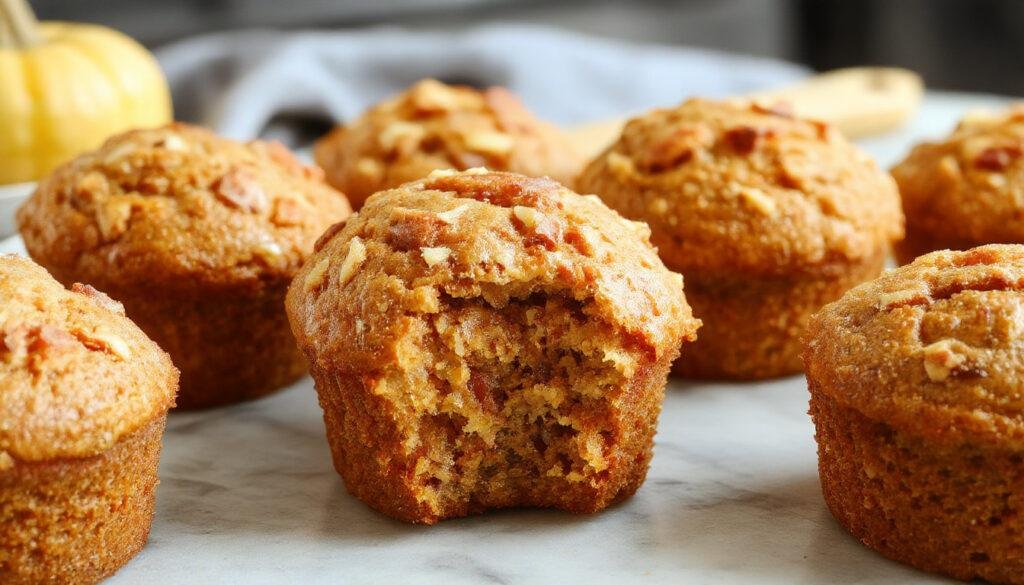 A close-up of freshly baked pumpkin banana muffins arranged on a rustic wooden platter, golden-brown tops with a slight crackle, with a few sliced bananas and a small bowl of pumpkin puree nearby. The muffins are garnished with a sprinkle of cinnamon and pecans, presenting a warm and inviting appearance.