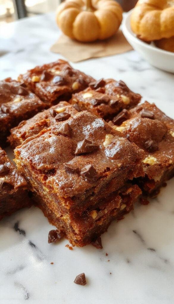 Delicious pumpkin brownies topped with a sprinkle of cinnamon and nuts, showcasing a rich, fudgy texture perfect for fall.