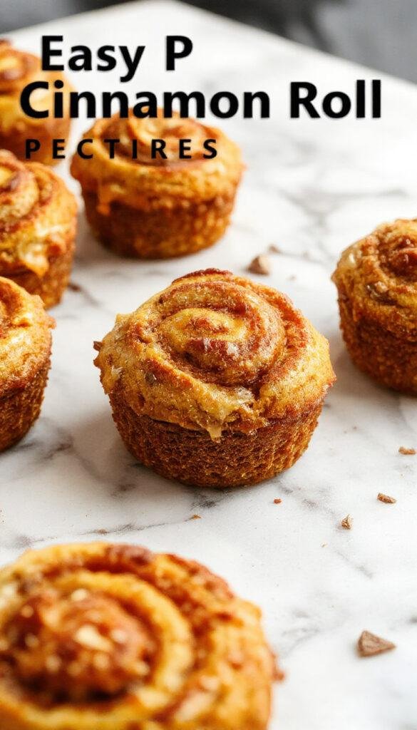 A bowl of freshly baked pumpkin cinnamon roll muffins topped with icing, surrounded by cinnamon sticks and fall leaves.
