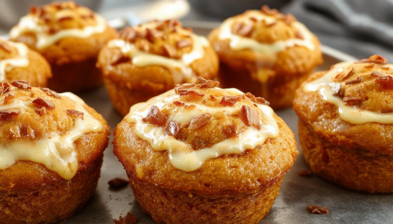 A batch of golden-brown pumpkin muffins with swirls of cream cheese filling visible on top, arranged on a rustic wooden tray, with some muffins cut open revealing the moist interior and creamy filling, set against a warm, cozy fall backdrop.