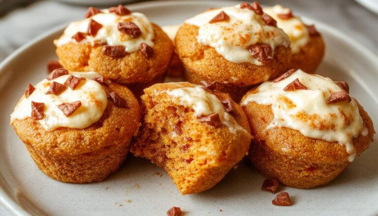 A close-up of freshly baked pumpkin cream cheese muffins nestled in a rustic wooden basket. The muffins have a golden-brown top with a swirled cream cheese filling visible at the center. The surface is slightly cracked, revealing the moist interior, with a subtle hint of orange pumpkin hue contrasting against the creamy filling. The background features a cozy fall-themed setting with autumn leaves and a hint of cinnamon sticks.