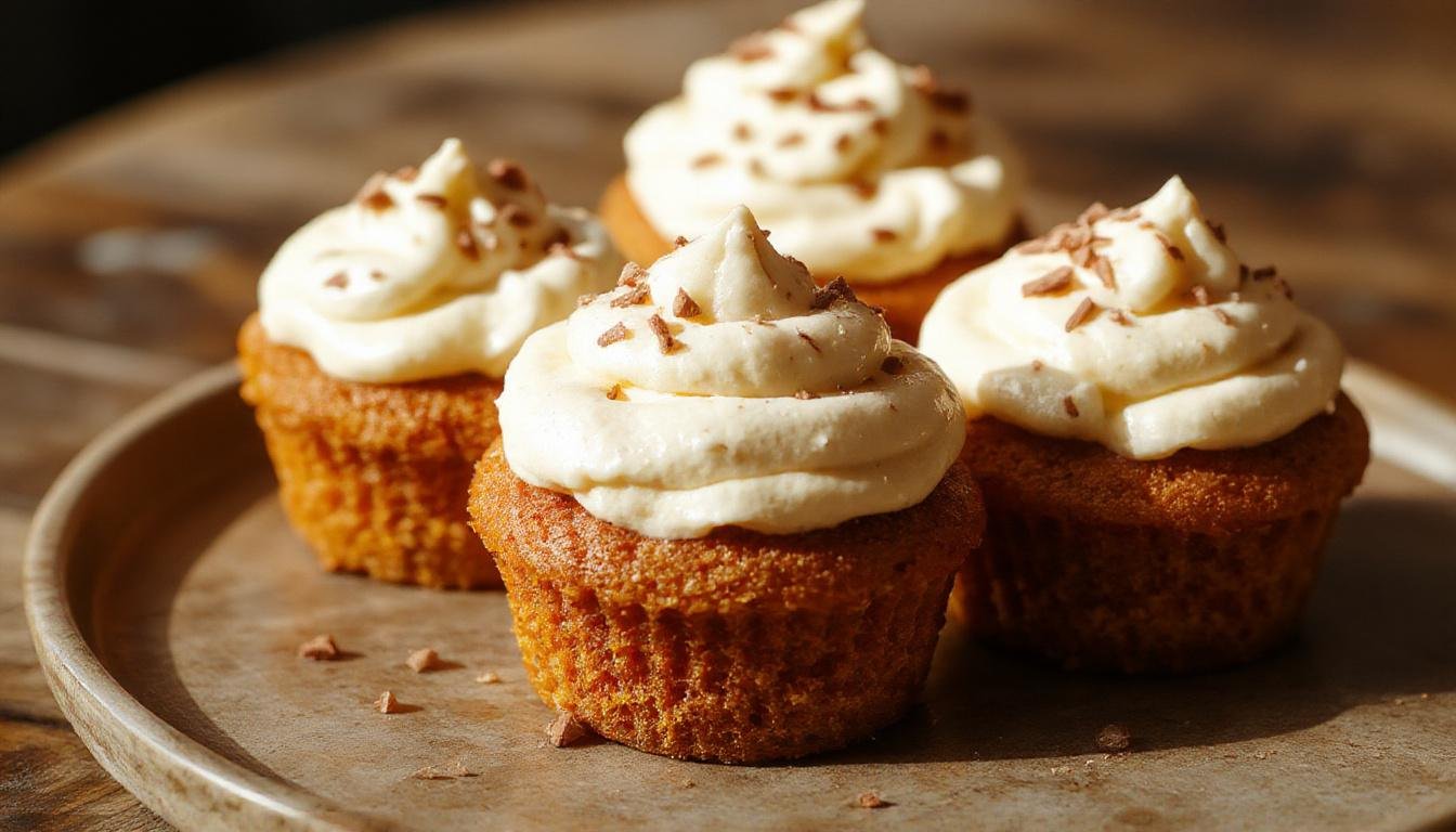 A batch of fluffy pumpkin cupcakes topped with swirl of creamy frosting, garnished with a sprinkle of cinnamon and tiny pumpkin decorations on a rustic wooden surface. The cupcakes are generously frosted, showcasing their moist texture and vibrant orange hue, with the frosting beautifully piped in elegant peaks.