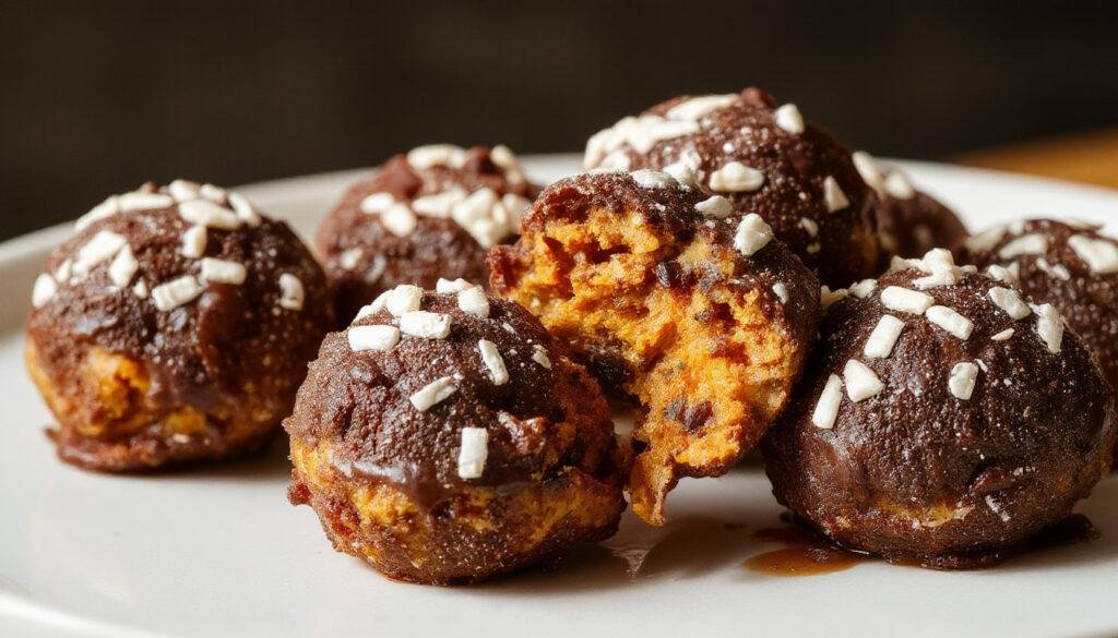 A close-up of pumpkin Oreo balls arranged on a rustic wooden platter, coated with a smooth orange pumpkin-flavored glaze, with crumbs sprinkled on top, garnished with a few mini Oreo cookies and fall-themed decor in the background.
