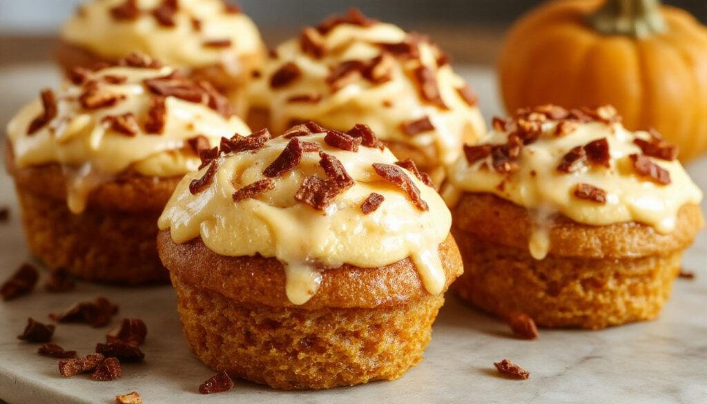 A close-up of golden-brown pumpkin pie cupcakes topped with whipped cream and cinnamon, arranged on a rustic wooden serving tray with autumn leaves in the background.