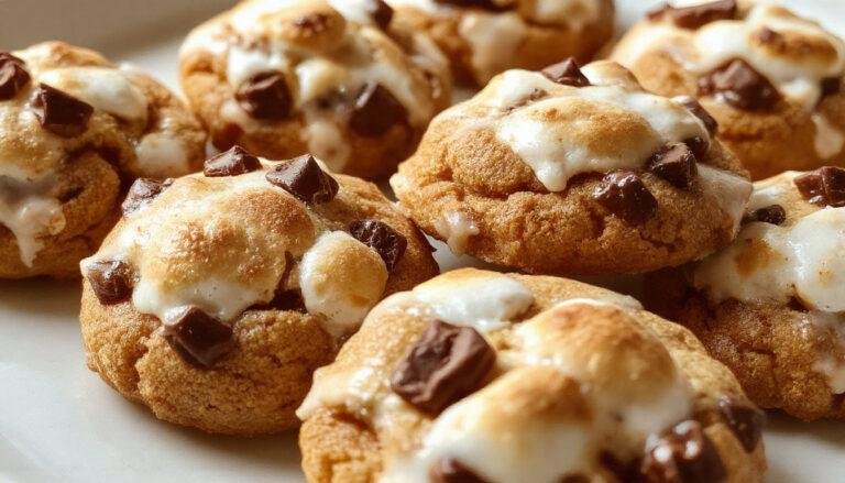 A close-up shot of Pumpkin S'mores Cookies arranged on a rustic wooden platter. The cookies have a golden-brown surface with visible pumpkin puree swirls, topped with a layer of melted marshmallow and a drizzle of chocolate. The background features fall-themed accents like small pumpkins and cinnamon sticks, enhancing the cozy autumn vibe.
