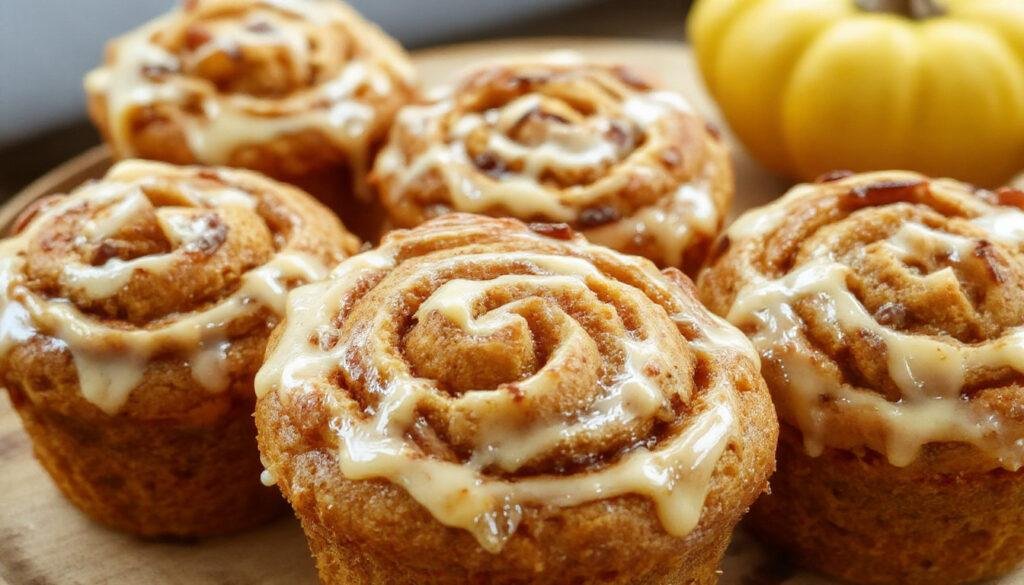 A batch of golden-brown pumpkin swirl muffins with a vibrant orange pumpkin swirl running through the center, arranged on a rustic wooden surface with a few cinnamon sticks and autumn leaves in the background, emphasizing a cozy fall setting.
