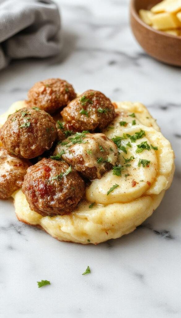 A plate of savory Salisbury meatballs topped with gravy, served alongside creamy mashed potatoes and fresh parsley garnish