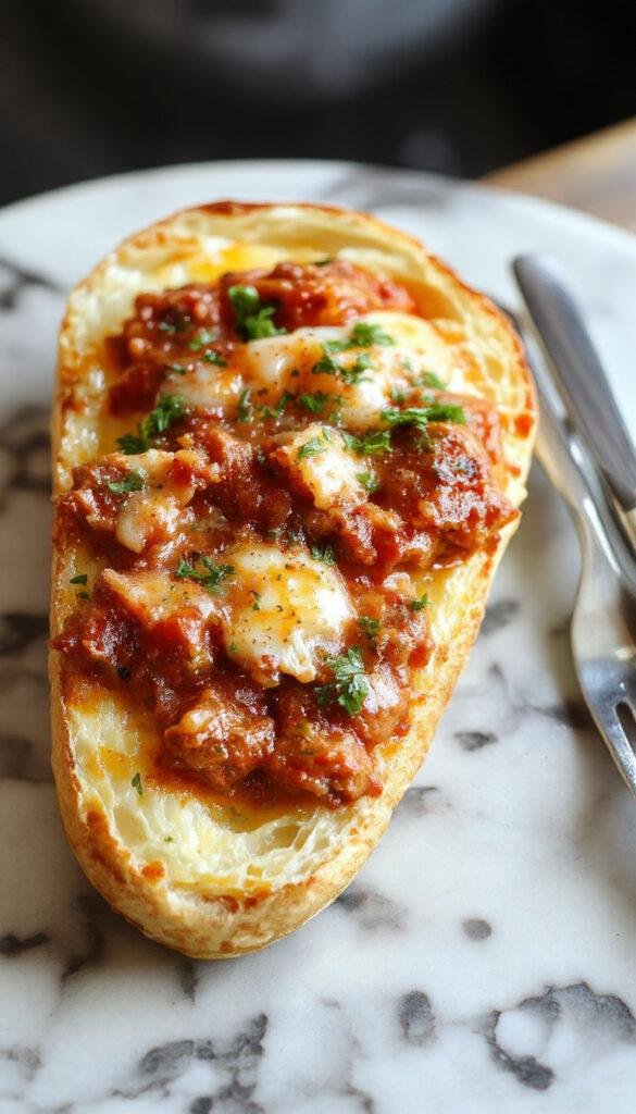 A plate of Easy Sloppy Joe Garlic Bread featuring hearty sloppy joe filling topped with golden toasted garlic bread slices, garnished with fresh herbs.