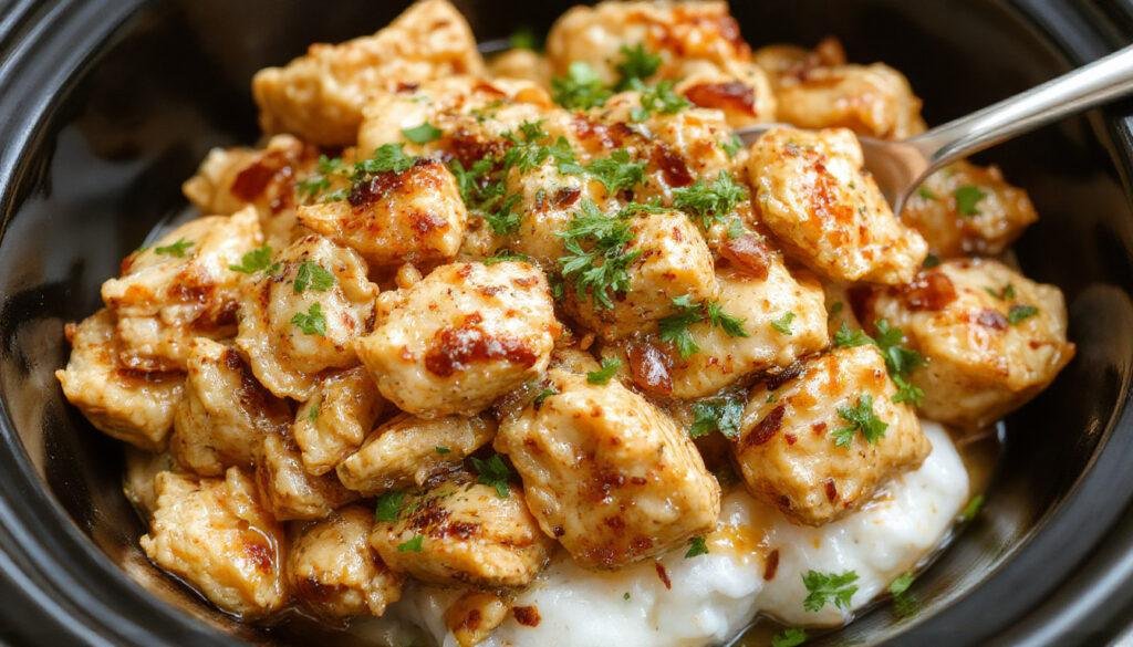 A hearty bowl of Slow-Cooker Peanut Chicken featuring tender shredded chicken coated in a rich, creamy peanut sauce. The dish is garnished with chopped peanuts and fresh cilantro, served alongside steamed rice. The vibrant colors of the sauce contrast with the green herbs, and the presentation is inviting and rustic, highlighting the comfort and flavor of a weeknight dinner.